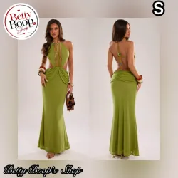 Vestido verde aceituna abierto en la espalda con escote