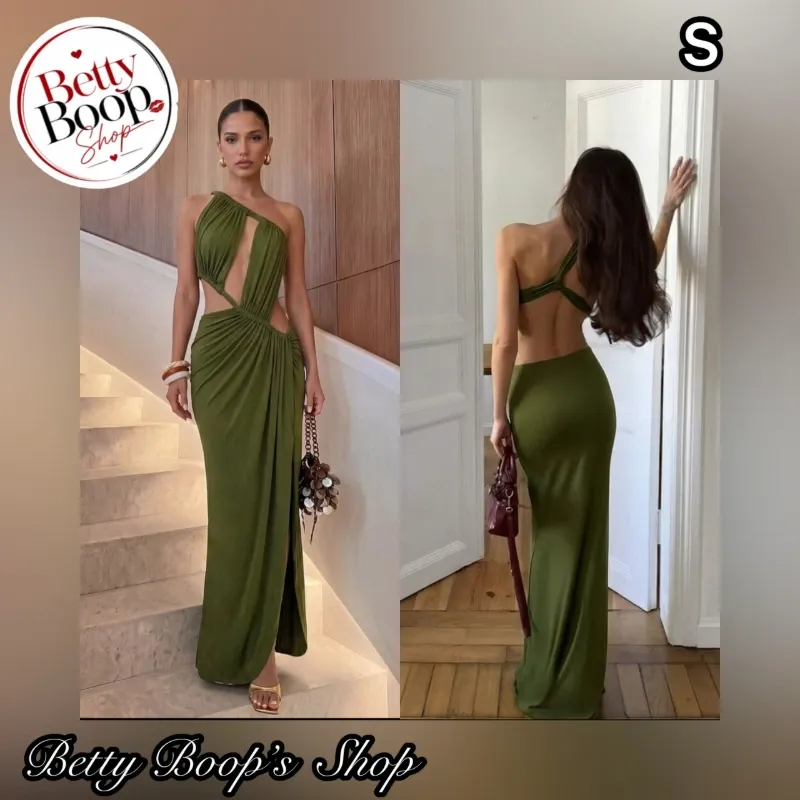 Vestido verde militar de un hombro con aberturas asimétricas