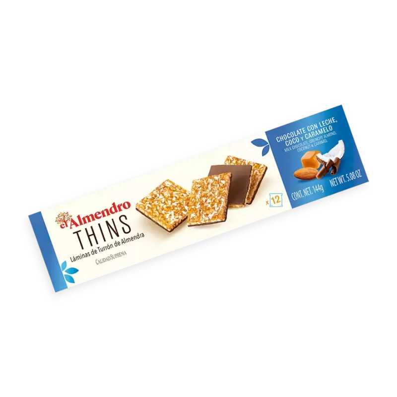 Láminas Thins Turrón Almendra Chocolate con Leche, Coco y Caramelo El Almendro 