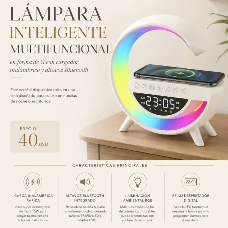 ‼️Lámpara inteligente multifuncional en forma de G con cargador inalámbrico y altavoz Bluetooth (Grande)‼️