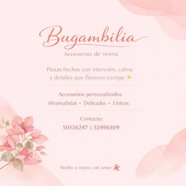 🌸✨ Bugambilia ✨🌸
Este es nuestro pequeño espacio donde creamos accesorios de resina con calma, intención y mucho amor.

Algunos ya nos conocen desde hace tiempo, otros llegan hoy, y a todos: gracias por estar aquí 🤍

Bugambilia es un proyecto familiar, hecho por mi mamá y por mí, donde cada pieza se trabaja a mano y pensando en la persona que la va a llevar o regalar 🕊️

✨ Tenemos ofertas en productos personalizados
✨ Descuentos en pedidos grandes

Hacemos, entre otras cositas:
💍 Collares
🌸 Pendientes
🪵 Palitos chinos para el cabello (madera y resina)
💫 Pulseras
🔑 Llaveros
🫖 Posa vasos
🎀 Accesorios para el cabello

¿Tienes una idea diferente? 🌿
Escríbenos con confianza. Nos encanta escuchar ideas y, si está en nuestras manos, lo más probable es que podamos hacerlo ✨

📍 100 y Vento, municipio Boyeros, La Habana

🚚 Mensajería disponible (con costo adicional)

📱 WhatsApp: 50126247 | 52496109

🌷 Gracias por apoyar lo hecho a mano, lo cercano y lo que nace desde casa.