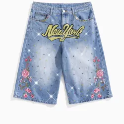 Azul claro mezclilla con flores y perlas