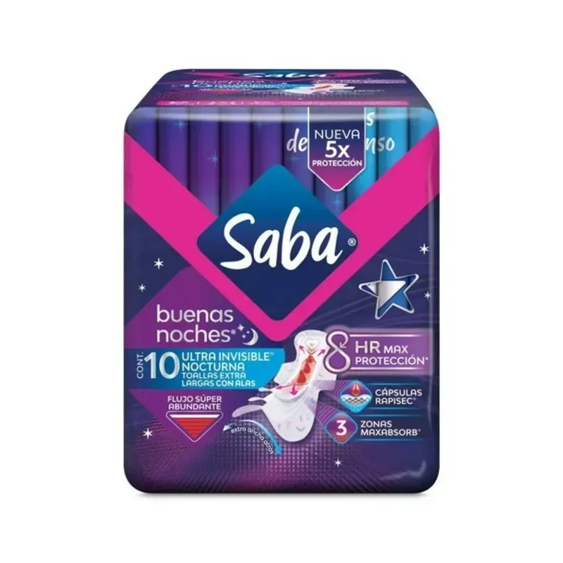 Toallas Femeninas Saba Nocturna Ultra invisible Extra 10 Pzas