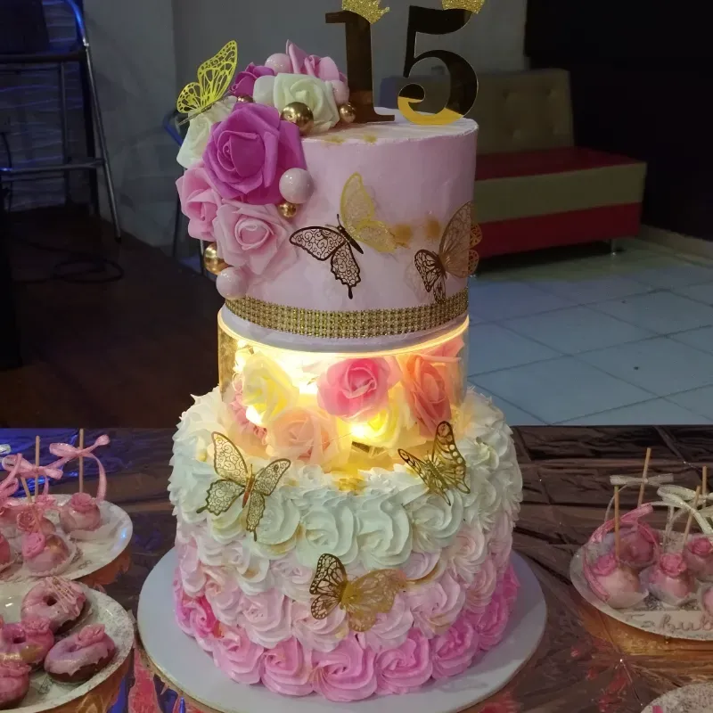 Cake de 2 pisos con base de aclirico, luces de hadas.