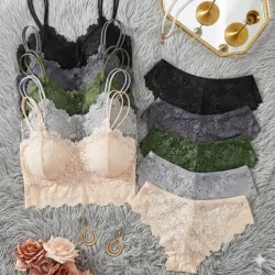 Juego de lenceria de encaje equipado con almohadilla para el pecho y sin costuras 