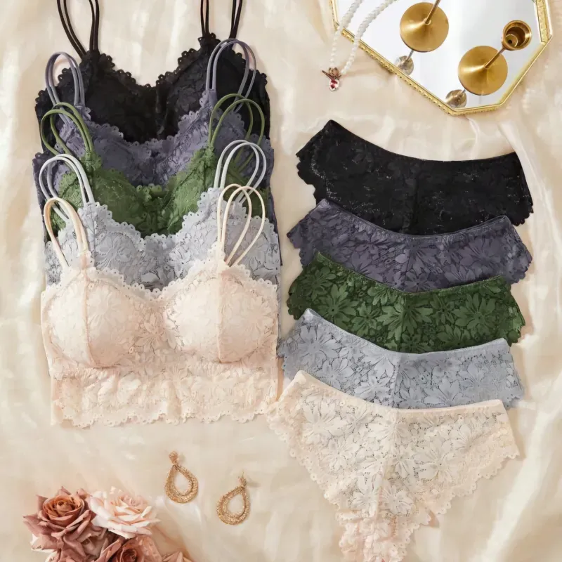 Juego de lenceria de encaje equipado con almohadilla para el pecho y sin costuras 