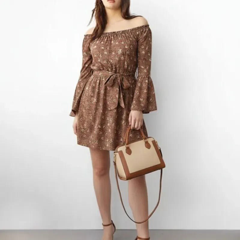 Vestido de mangas largas marrón floreado