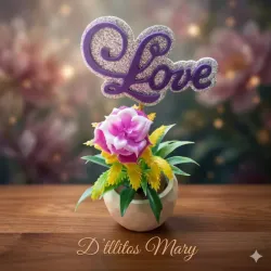 Búcaro con flor violeta y cartel de Love