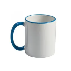 Taza de cerámica blanca con borde y asa de color azul