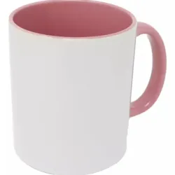 Taza de cerámica blanca con borde y asa de color rosado
