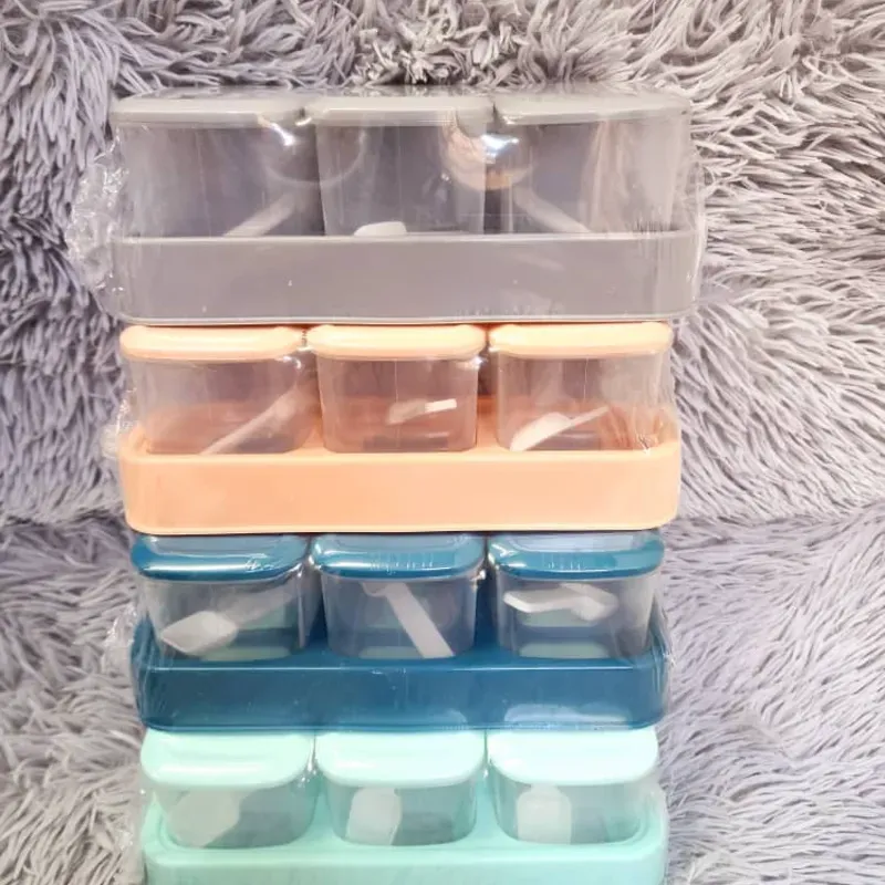 Set de 3 potes condimenteros con base y cucharita para servir 