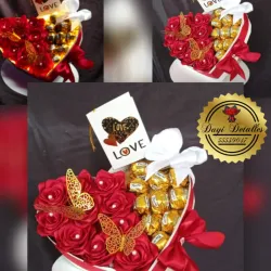 Caja de corazón con Rosas Miny, luz de adas y bombones