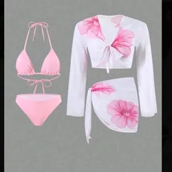 Conjunto de bikini 4 pieza rosa de Flores