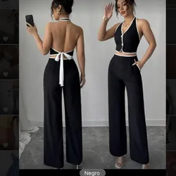 Conjunto elegante blanco y negro top abotonado