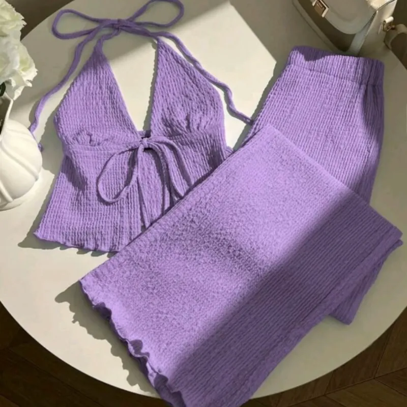 Conjunto morado cuello halter plisado
