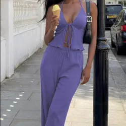 Conjunto morado cuello halter plisado