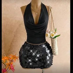 Conjunto top con escote y saya d lentejuelas