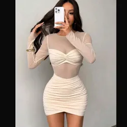 Vestido beige mangas transparentes