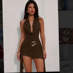 Vestido café mini malla con escote