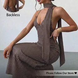 Vestido marrón de raya con banda al cuello