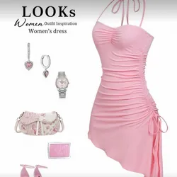 Vestido rosa ajustado de tirantes con fruncido