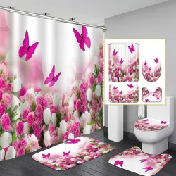 Set de 3 alfombras y cortina para baño