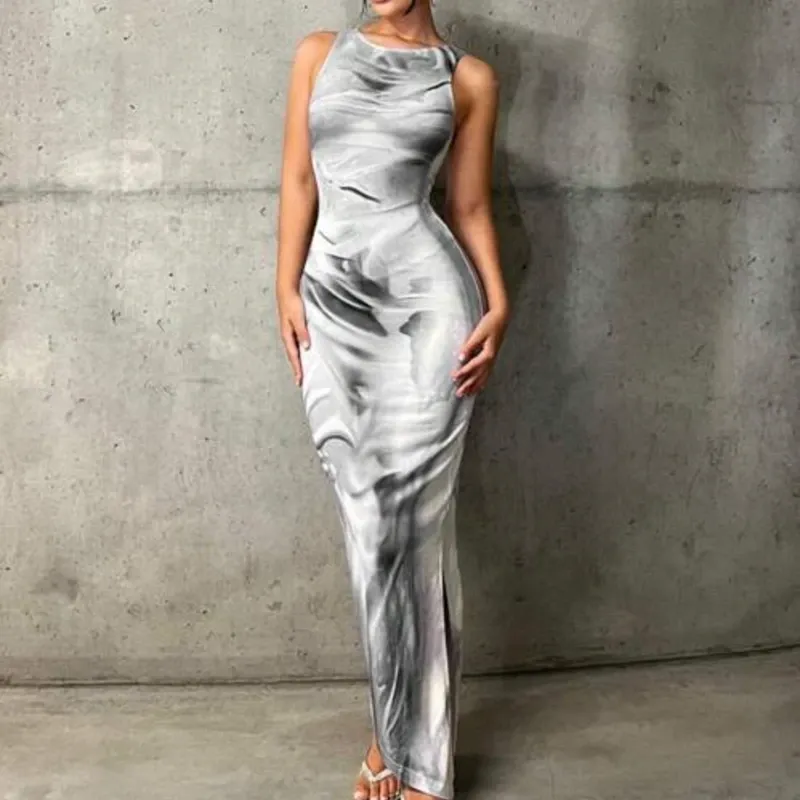 Vestido marmoleado blanco y gris
