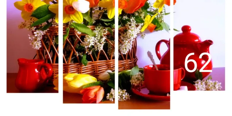 Cuadro cesta con flores y té 