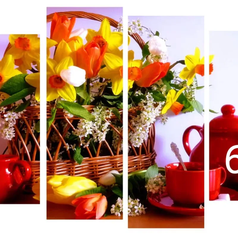 Cuadro cesta con flores y té 