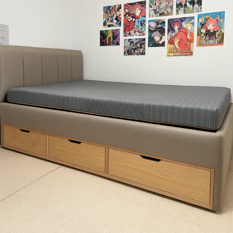 Cama con almacenamiento, tapizada en lino beige