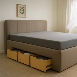 Cama con almacenamiento, tapizada en lino beige