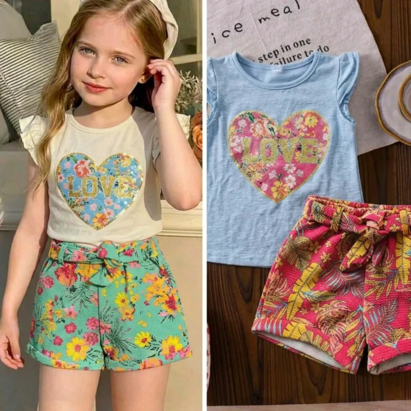 Conjuntos de blusa y short elastizados para niñas