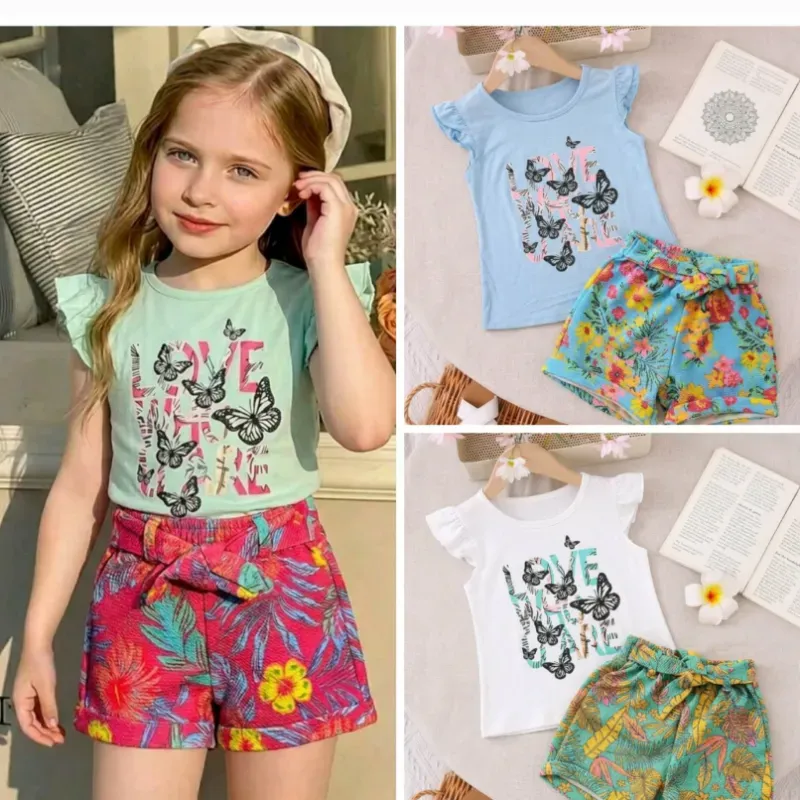 Conjuntos de blusa y short elastizados para niñas