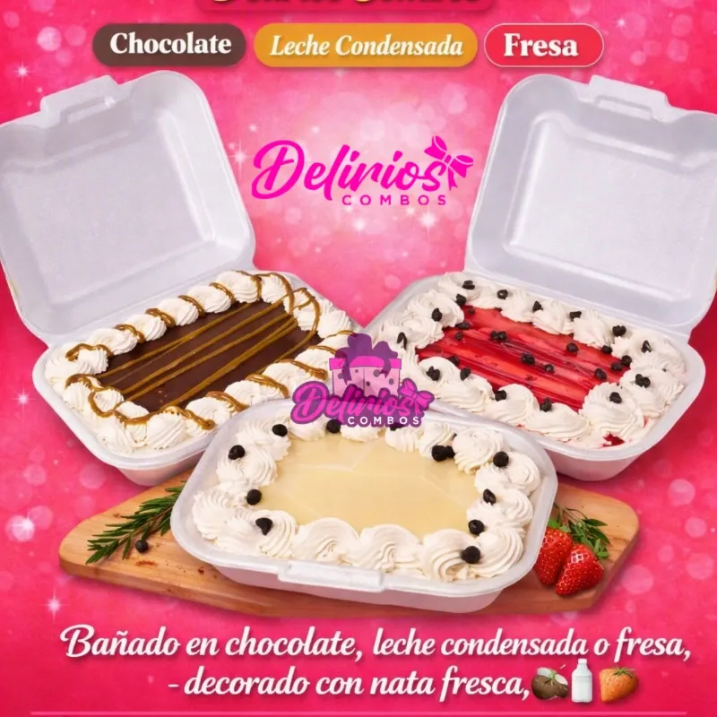 Bandejitas pequeñas de pastel 3 leche con 🍓 o 🍫
