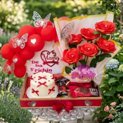 Cajita con Mini Cake y ramo personalizado🧸🎂🌹
