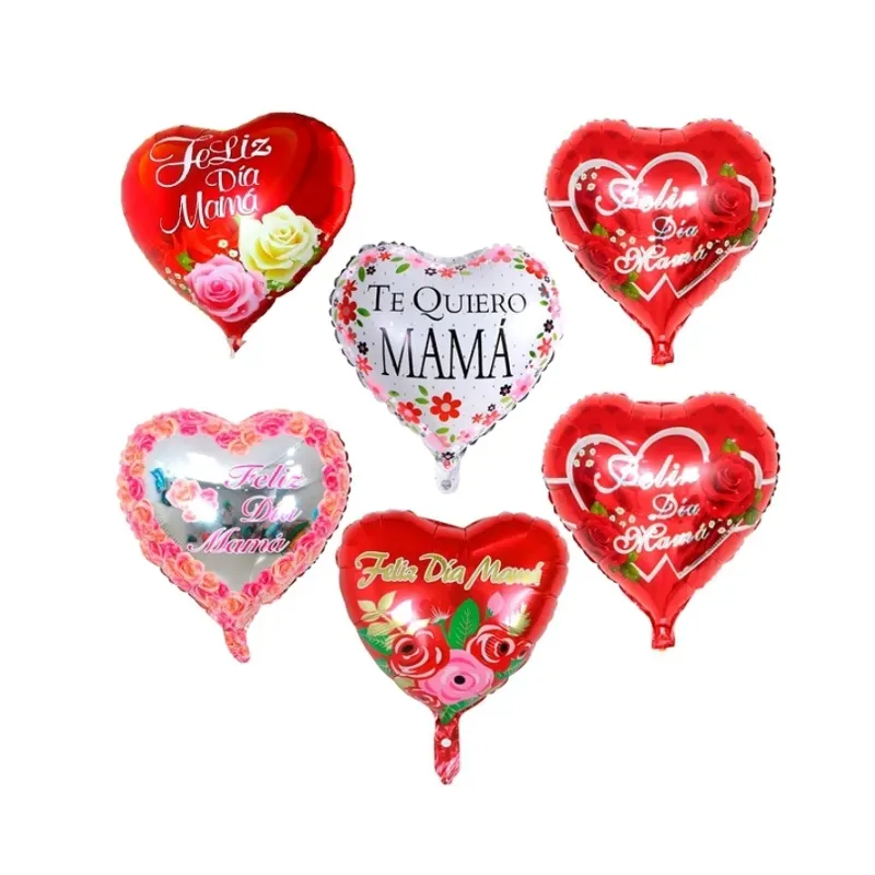 Globos en forma de corazon que dicen Feliz Dia Mamá 