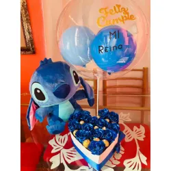 Peluche de Stich Grande con Caja de rosas , bombones y globos 