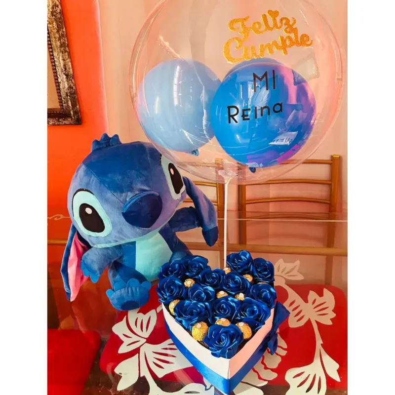 Peluche de Stich Grande con Caja de rosas , bombones y globos 