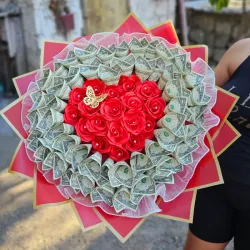 Ramo con rosas y 50 usd en billete de a 1