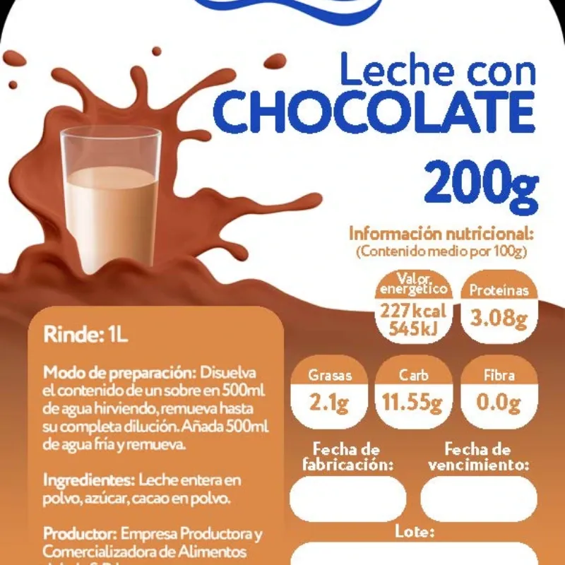 Leche con chocolate en polvo, bolsa sellada de 200gr 