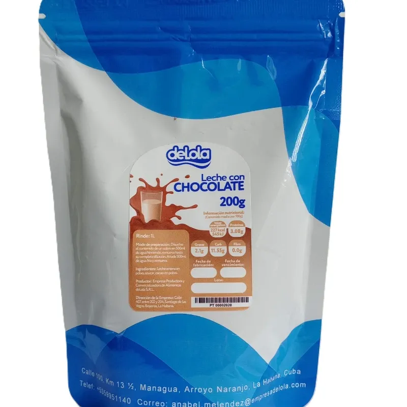 Leche con chocolate en polvo, bolsa sellada de 200gr/ 80 Unidades