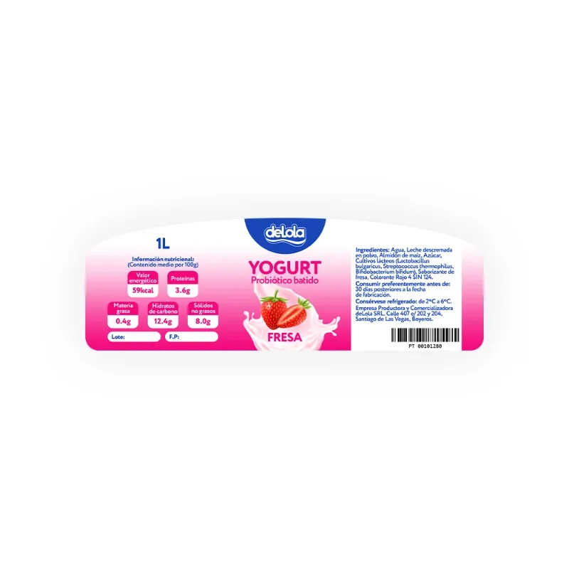 Yogurt Probiótico de coágulo batido deLola 1Lt sabor Fresa x 50 Unidades