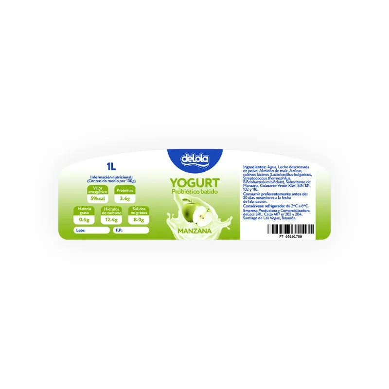 Yogurt Probiótico de coágulo batido deLola 1Lt sabor Manzana