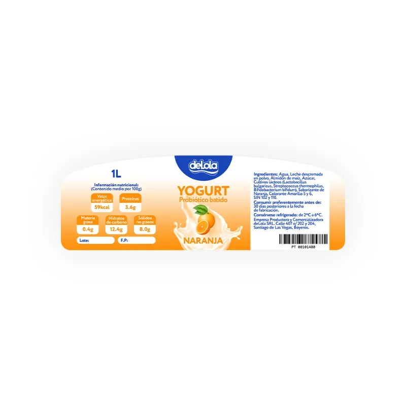 Yogurt Probiótico de coágulo batido deLola 1Lt sabor Naranja