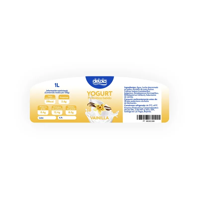 Yogurt Probiótico de coágulo batido deLola 1Lt sabor Vainilla