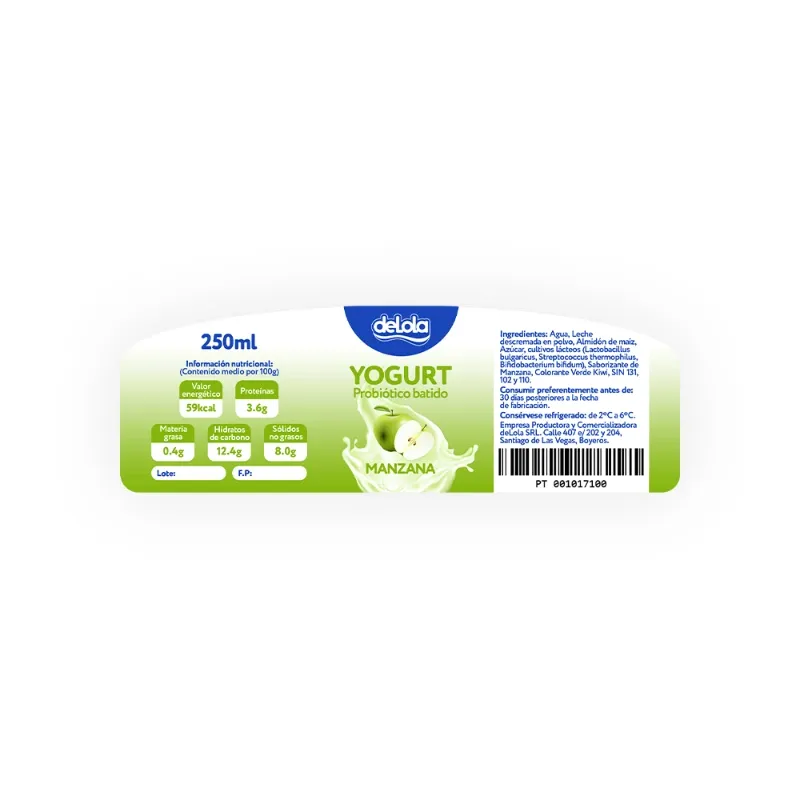 Yogurt Probiótico de coágulo batido deLola 250ml sabor Manzana x 80 Unidades