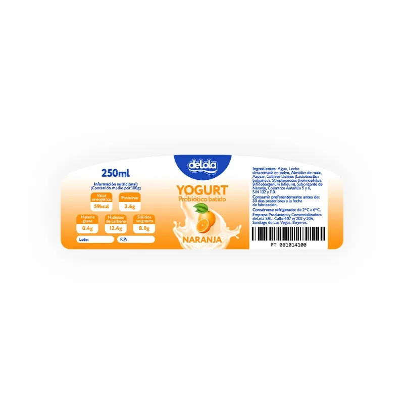 Yogurt Probiótico de coágulo batido deLola 250ml sabor Naranja x 80 Unidades