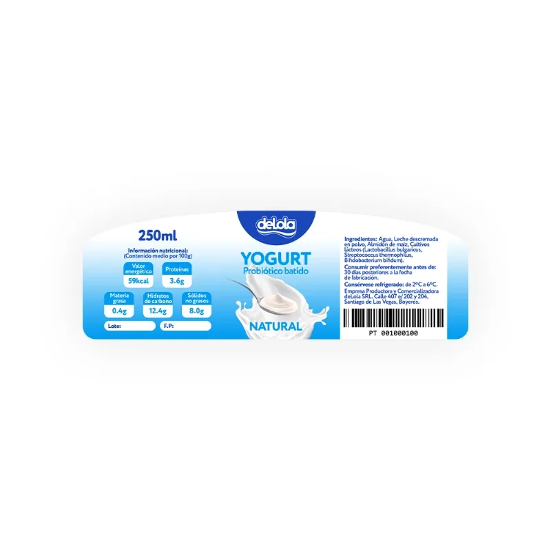 Yogurt Probiótico de coágulo batido deLola 250ml sabor Natural