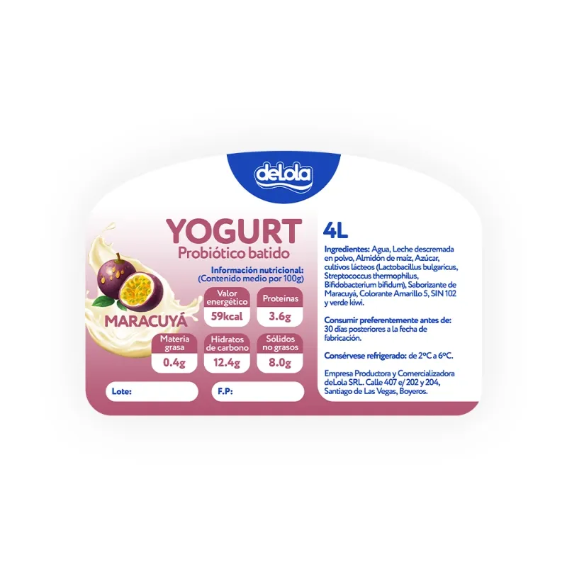 Yogurt Probiótico de coágulo batido deLola 4Lt sabor Maracuyá x 20 Unidades