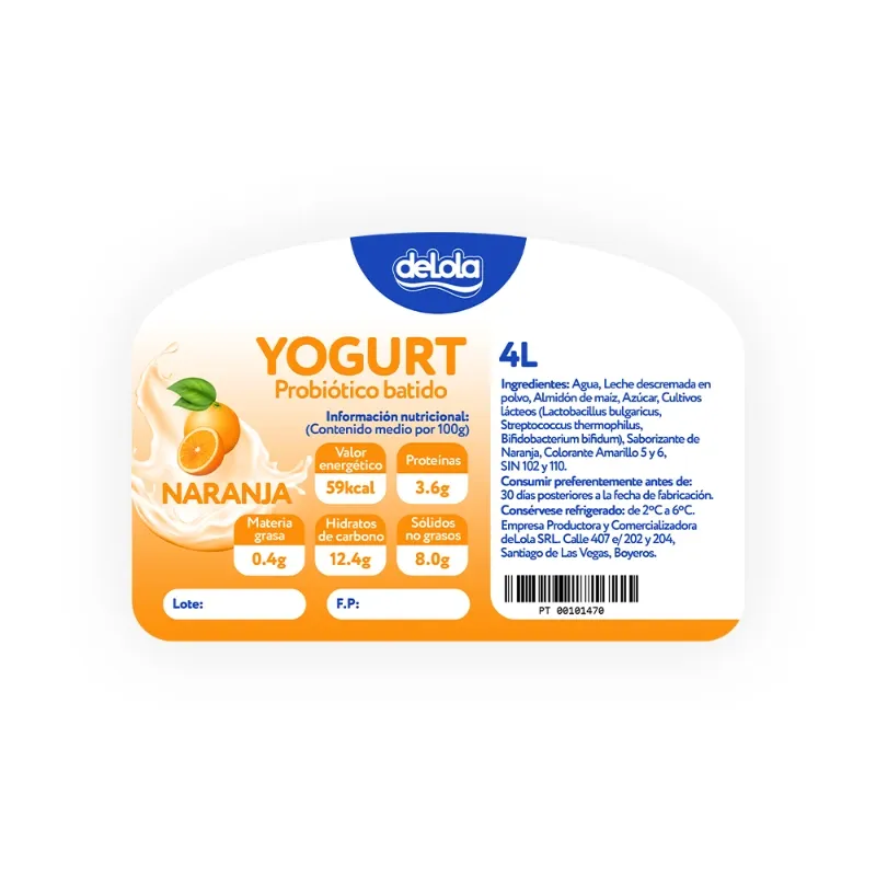 Yogurt Probiótico de coágulo batido deLola 4Lt sabor Naranja